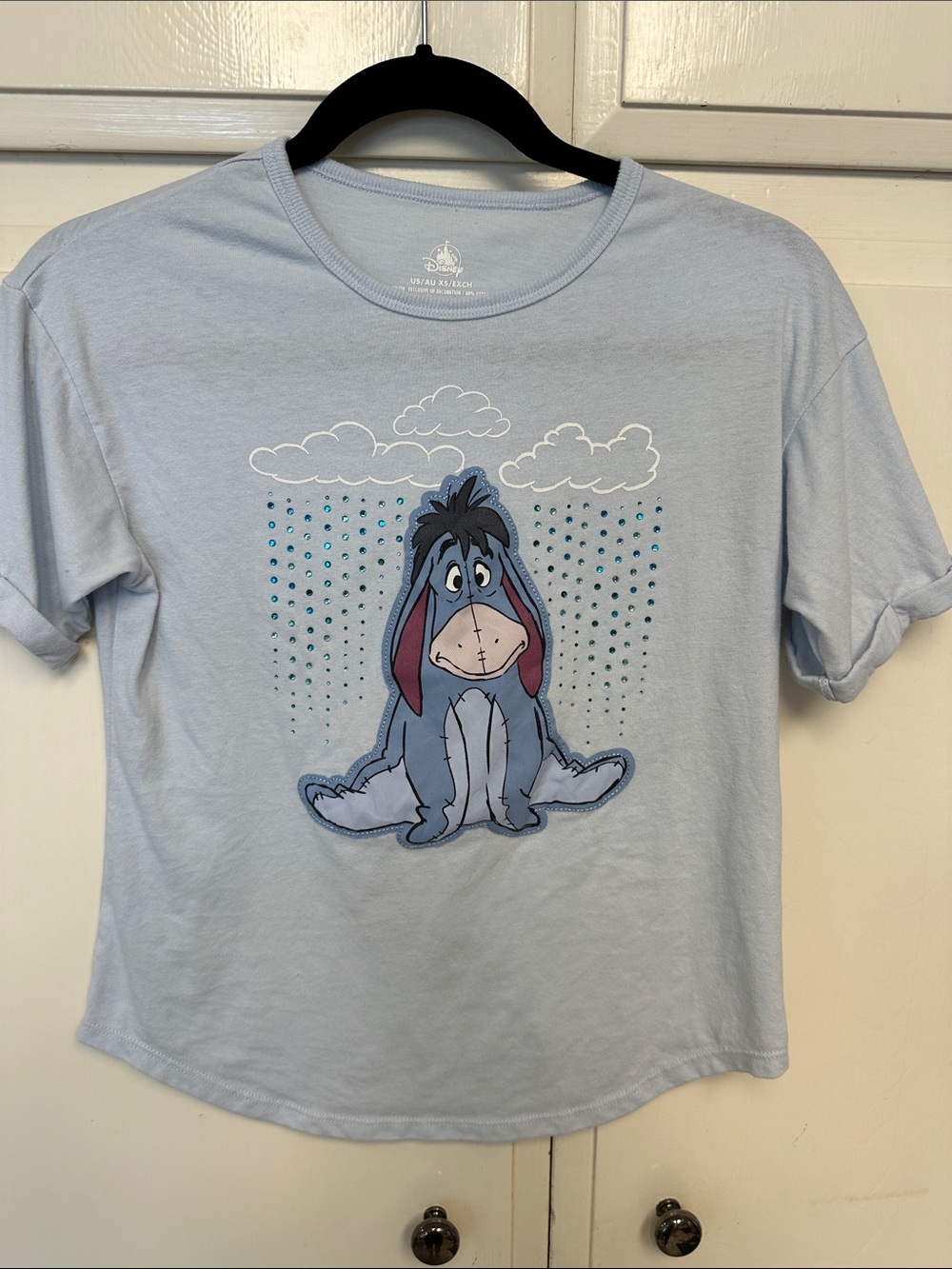 Disney Light Blue Eeyore Tee with Pink Ear Details and Teal Rhinestones